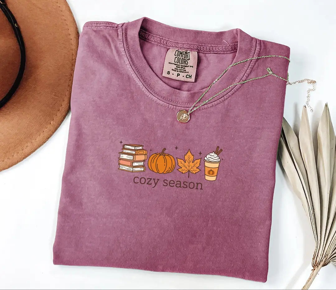 Cozy Season graphic Comfort Colors T-shirt, additional product photograph.
