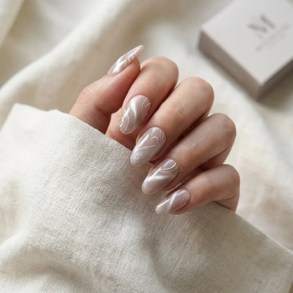 cream beige cat eye almond long press on nails white swirl flat lay 01