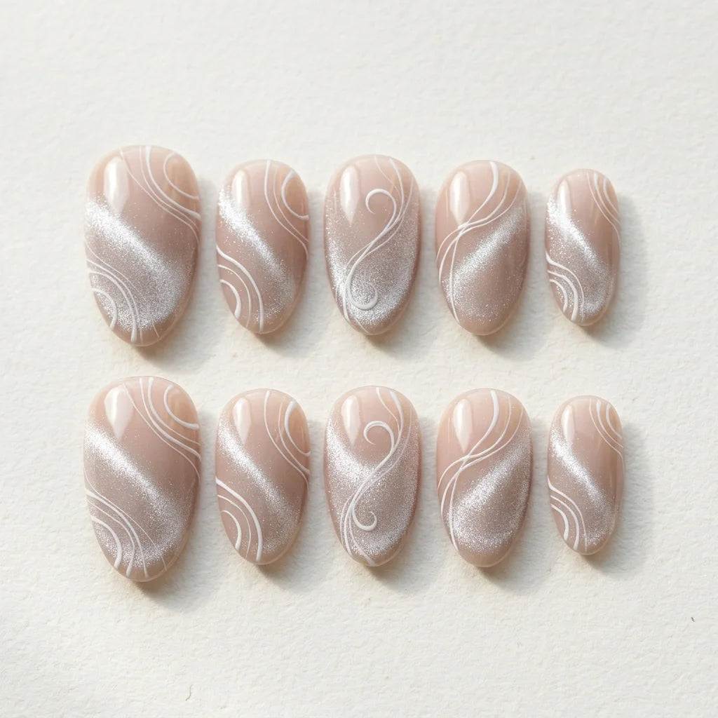cream beige cat eye almond long press on nails white swirl flat lay 02