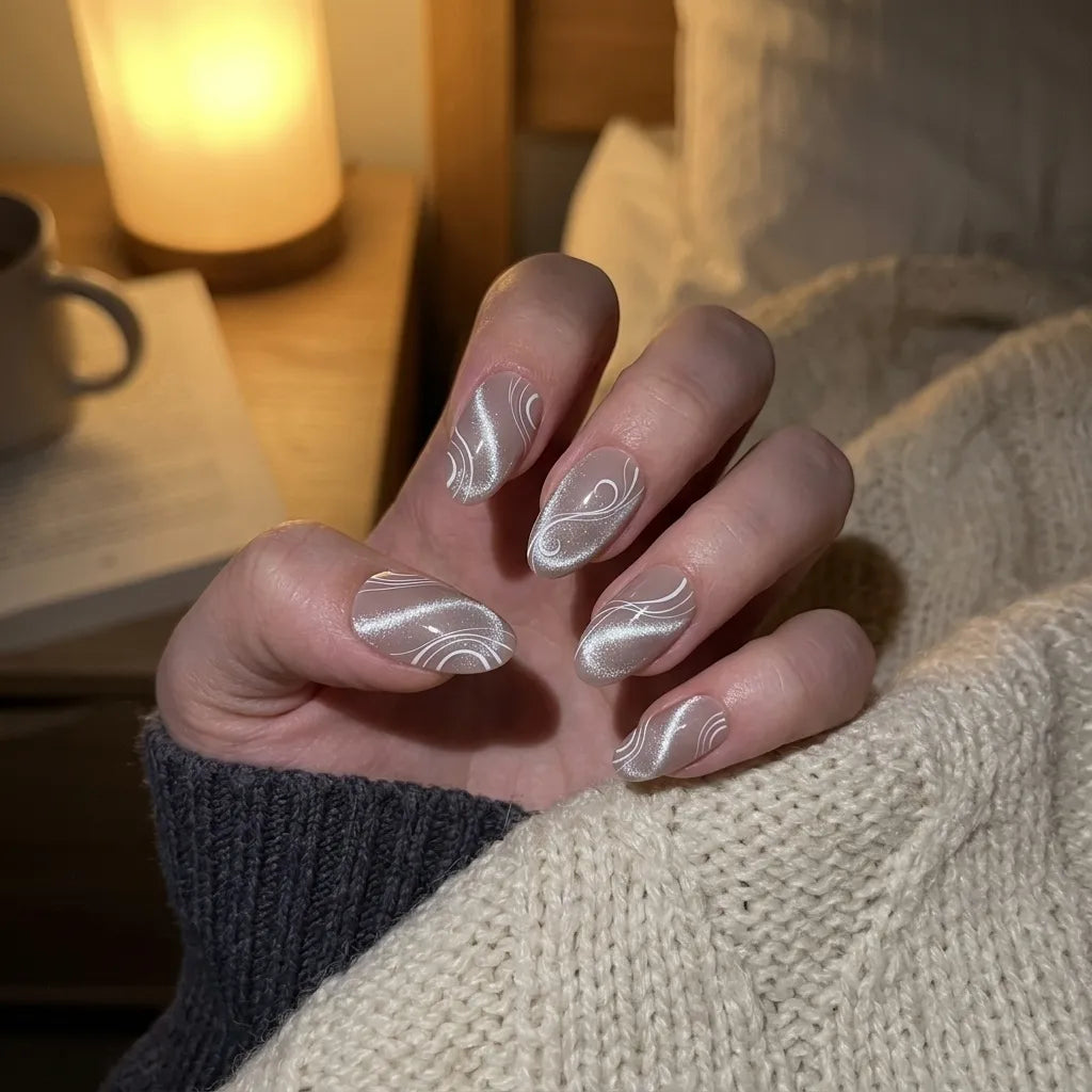 cream beige cat eye almond long press on nails white swirl flat lay 03