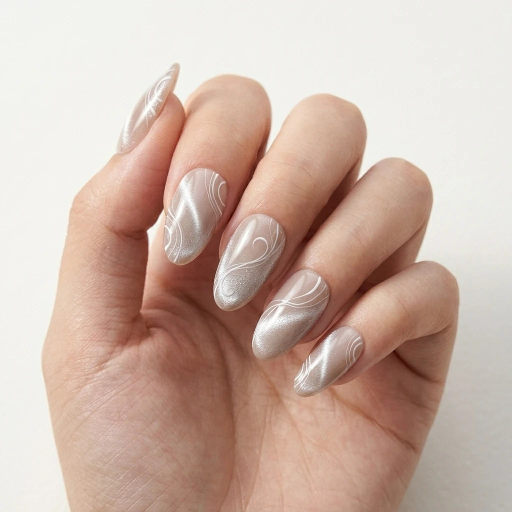 cream beige cat eye almond long press on nails white swirl flat lay 04