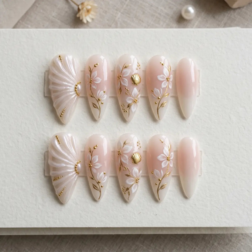 cream floral 3d stiletto long press on nails white lily shell flat lay 01