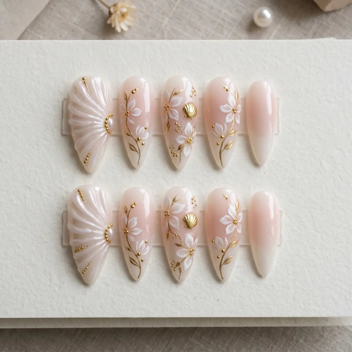 cream floral 3d stiletto long press on nails white lily shell flat lay 01