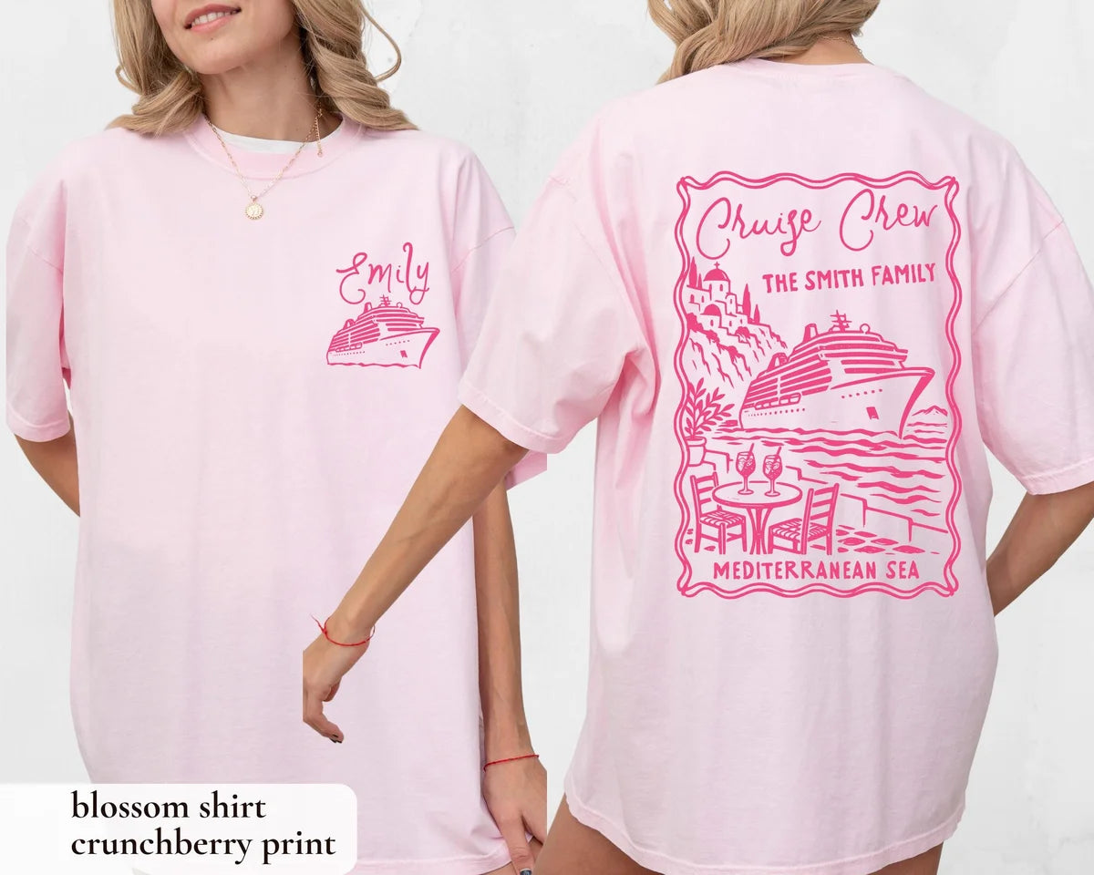 Woman in a Blossom pink Comfort Colors tee, front with Emily and a ship, back with a bright pink Cruise Crew frame