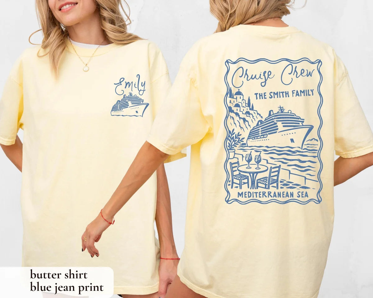 Butter yellow tees with blue jean print showing a cruise ship, a cafe table and The Smith Family in a wavy frame