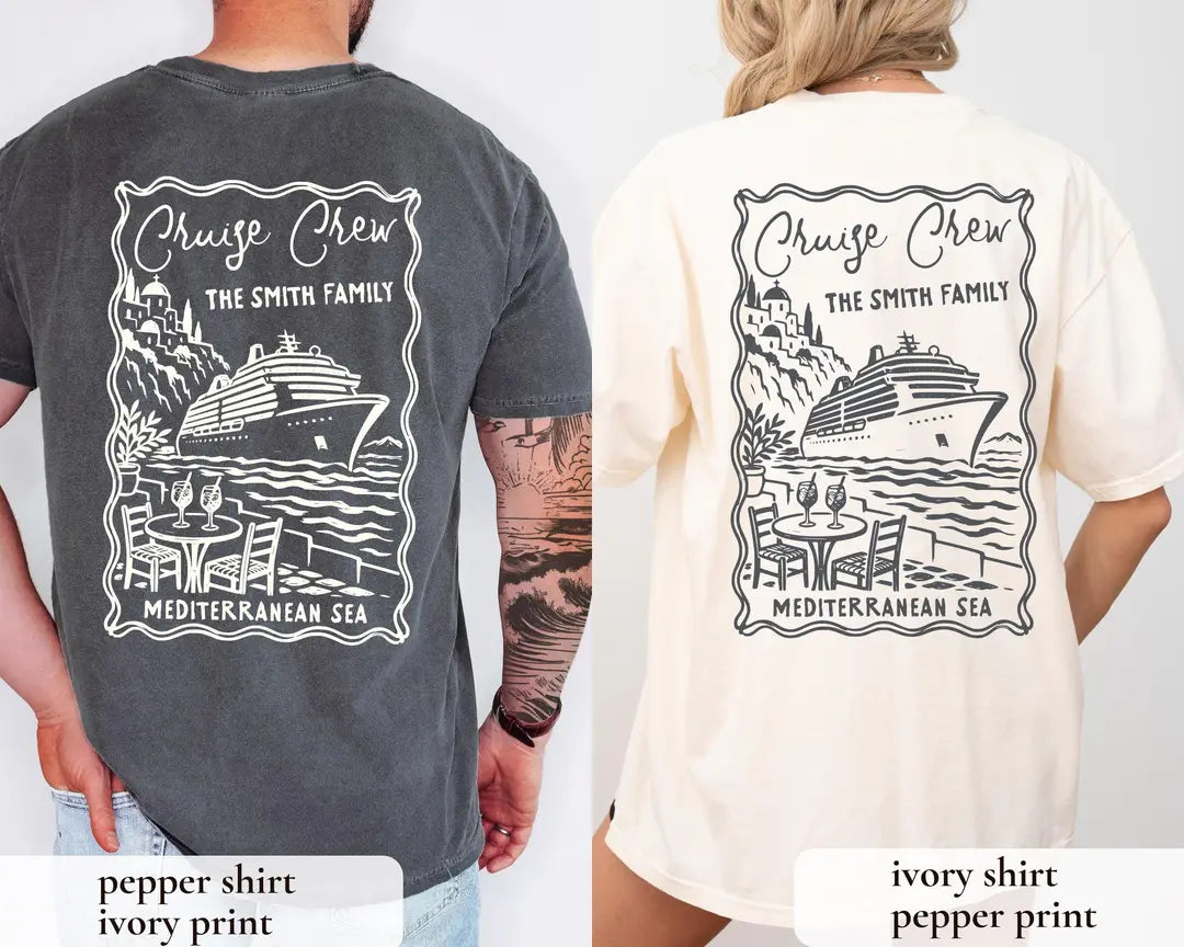 Backs of a Pepper tee and an Ivory tee, each with the Cruise Crew ship and Mediterranean Sea frame in a contrast color