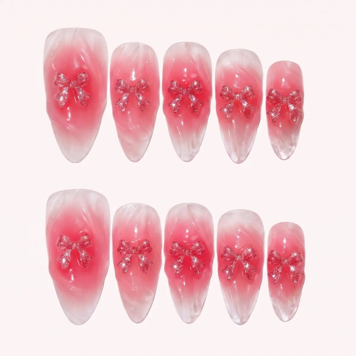 crystal pink 3d almond press on nails glitter ribbon bow flat lay 01