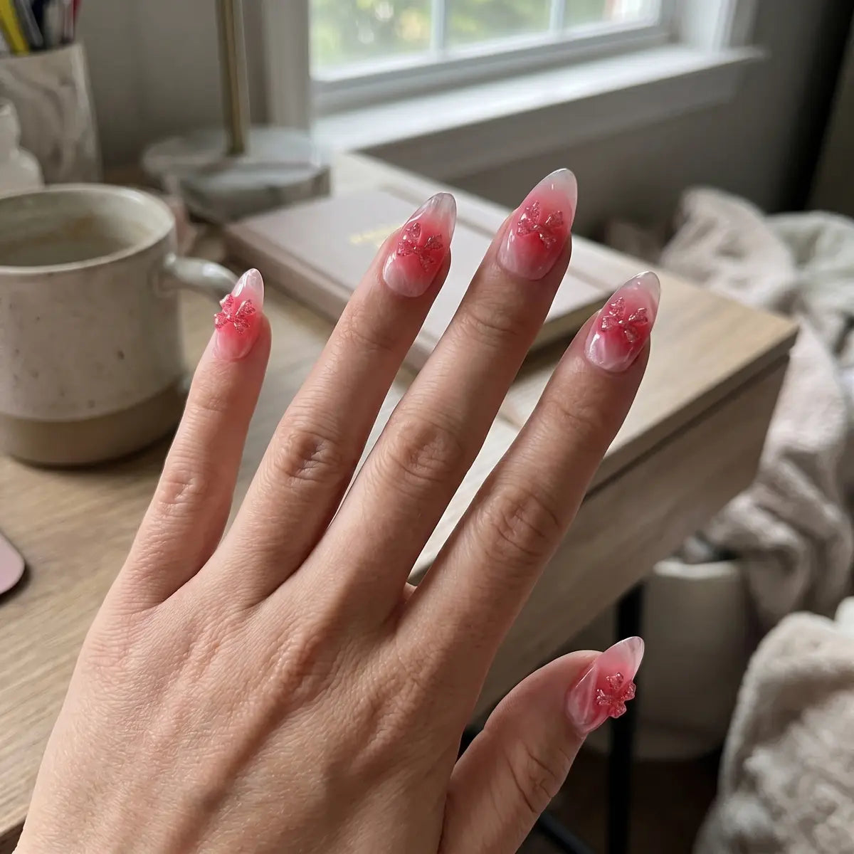 crystal pink 3d almond press on nails glitter ribbon bow lifestyle 01