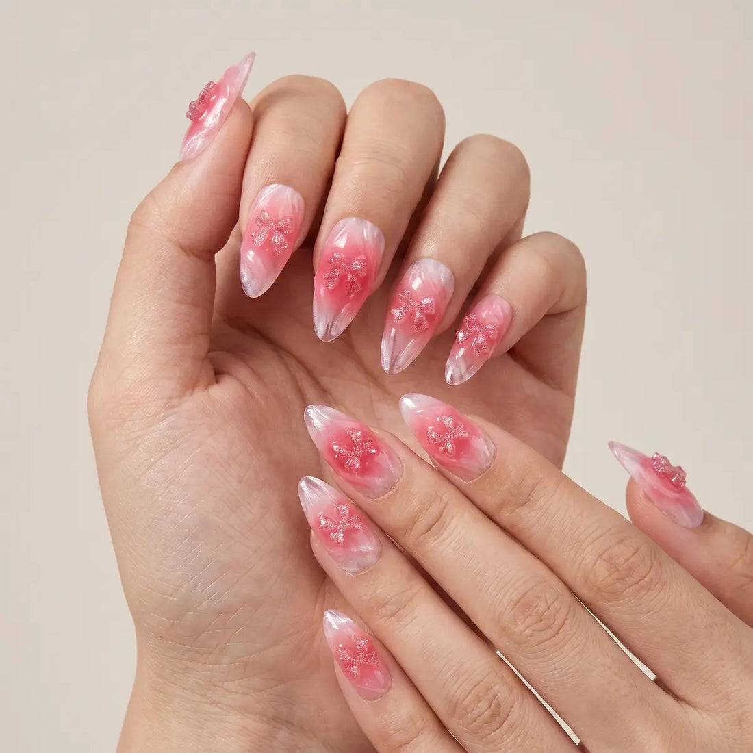 crystal pink 3d almond press on nails glitter ribbon bow mockup 01