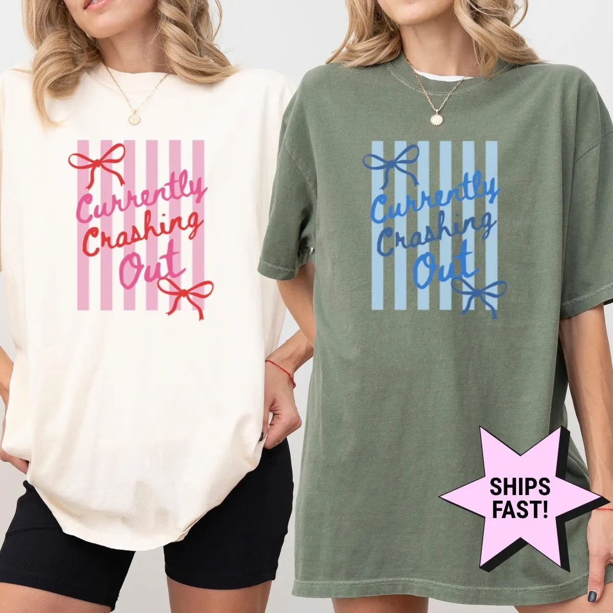 Two women side by side in Ivory and Moss Comfort Colors tees, each with the red or blue currently crashing out stripe design