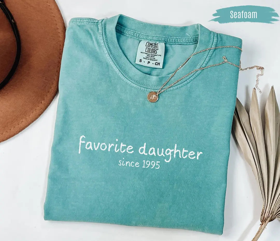 Custom Favorite Daughter graphic Comfort Colors T-shirt in Seafoam, main product photograph.