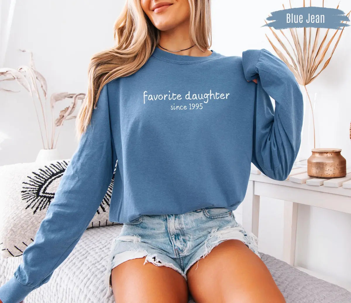 Comfort Colors T-shirt with Custom Favorite Daughter printed design; model photo.