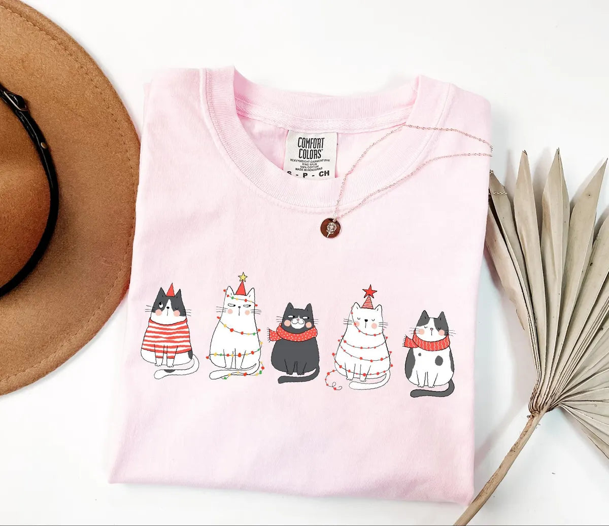 Five Festive Christmas Cats graphic Comfort Colors T-shirt, additional product photograph.