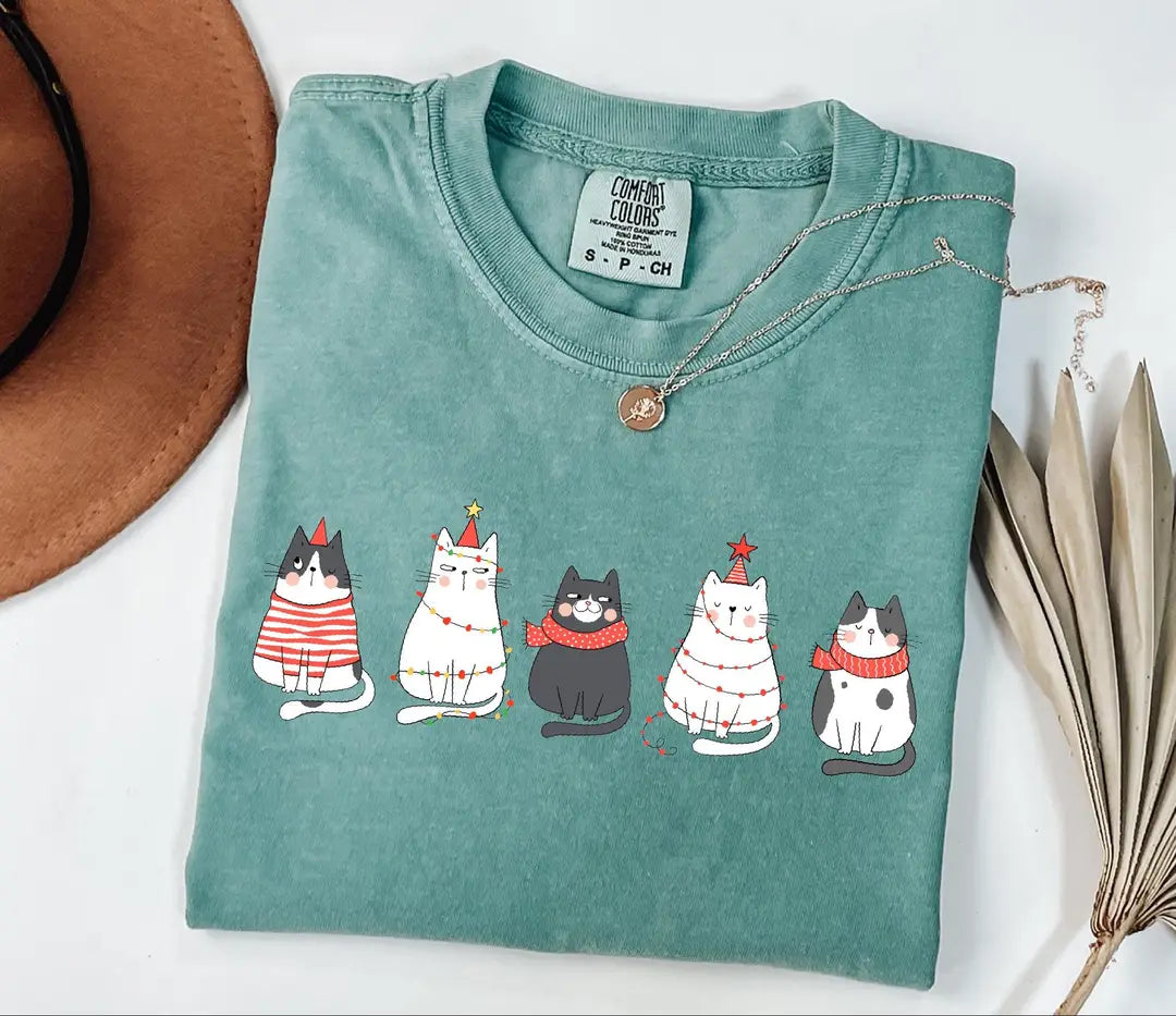 Comfort Colors T-shirt with Five Festive Christmas Cats - holiday design, featured shirt mockup.