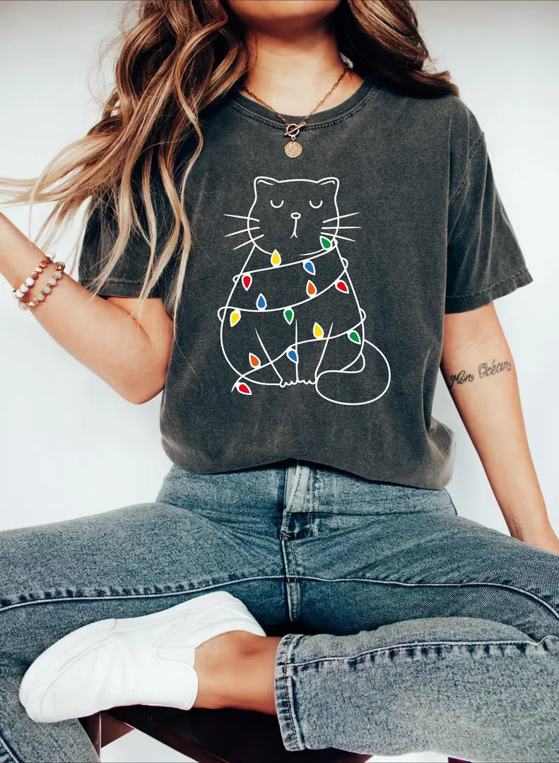 Comfort Colors T-shirt with Christmas Lights Cat holiday design; model photo.