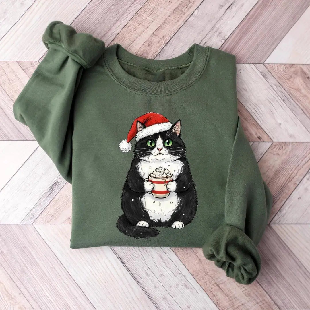 Cute Christmas Black Cat crewneck sweatshirt pictured in Military Green.