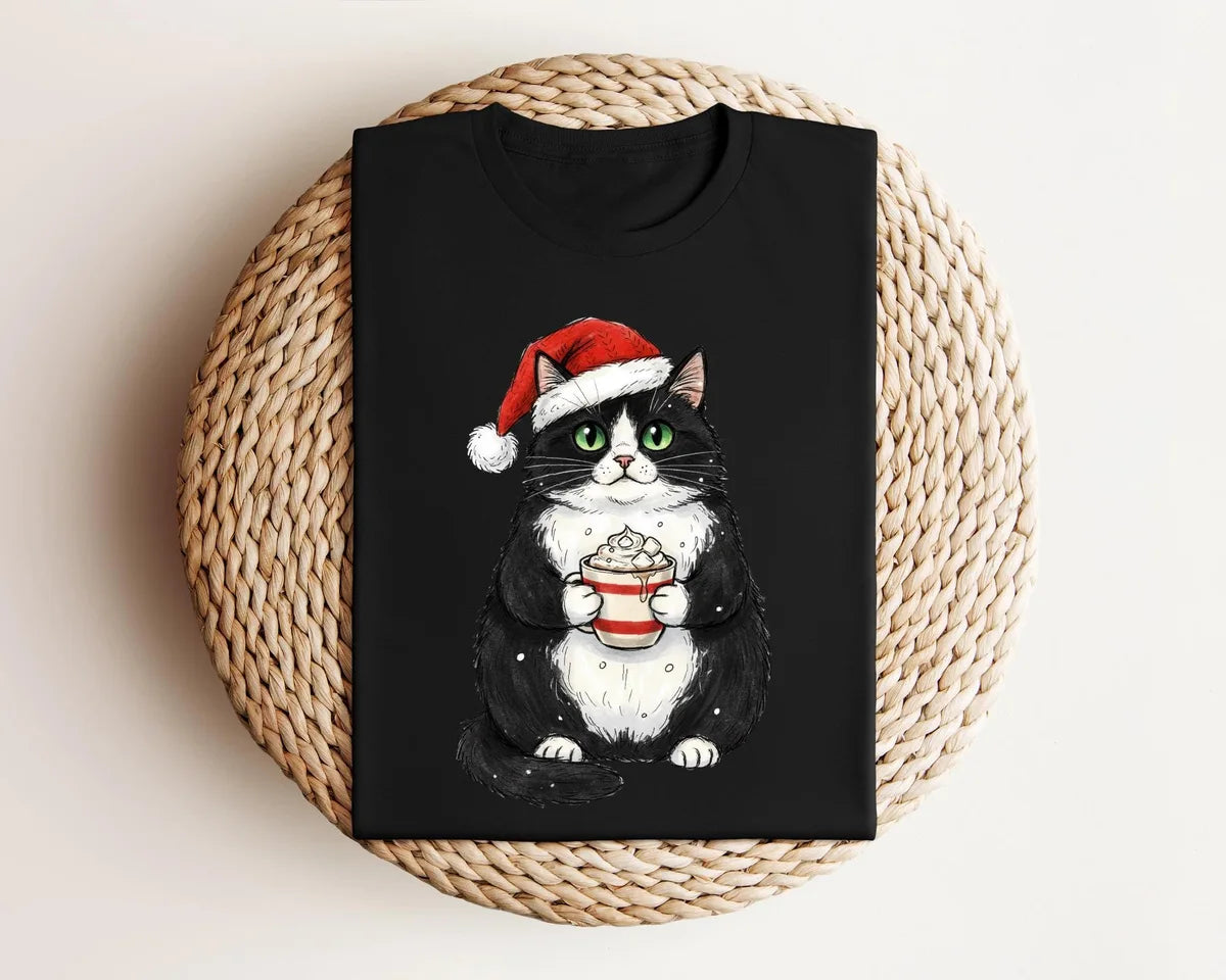 Cute Christmas Black Cat Crewneck Sweatshirt shown on a model in Black.