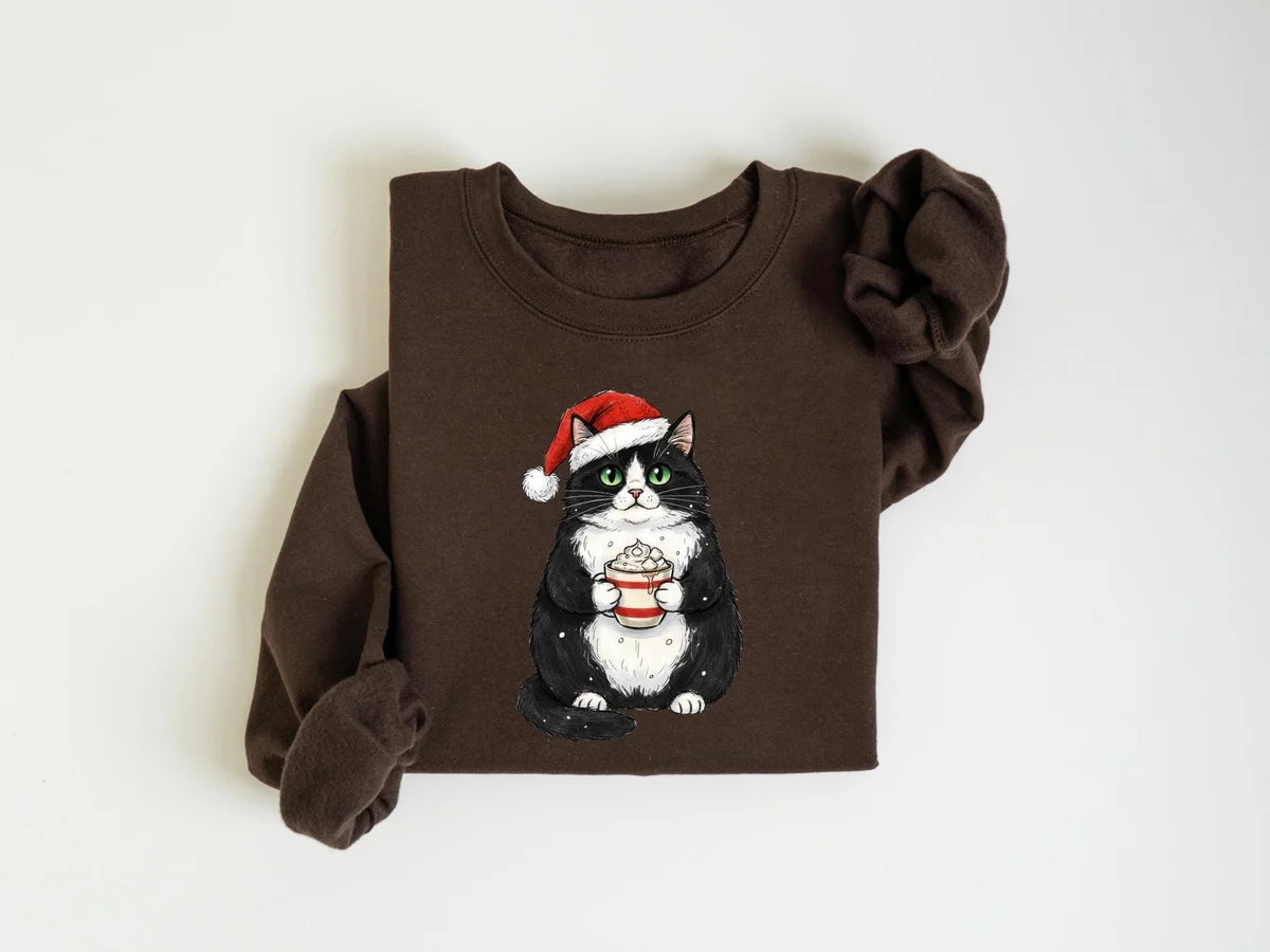 Cute Christmas Black Cat crewneck sweatshirt pictured in Dark Chocolate.