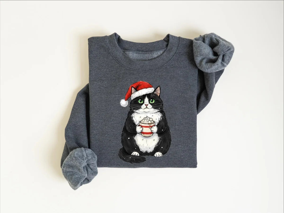 Cute Christmas Black Cat crewneck sweatshirt pictured in Dark Heather.