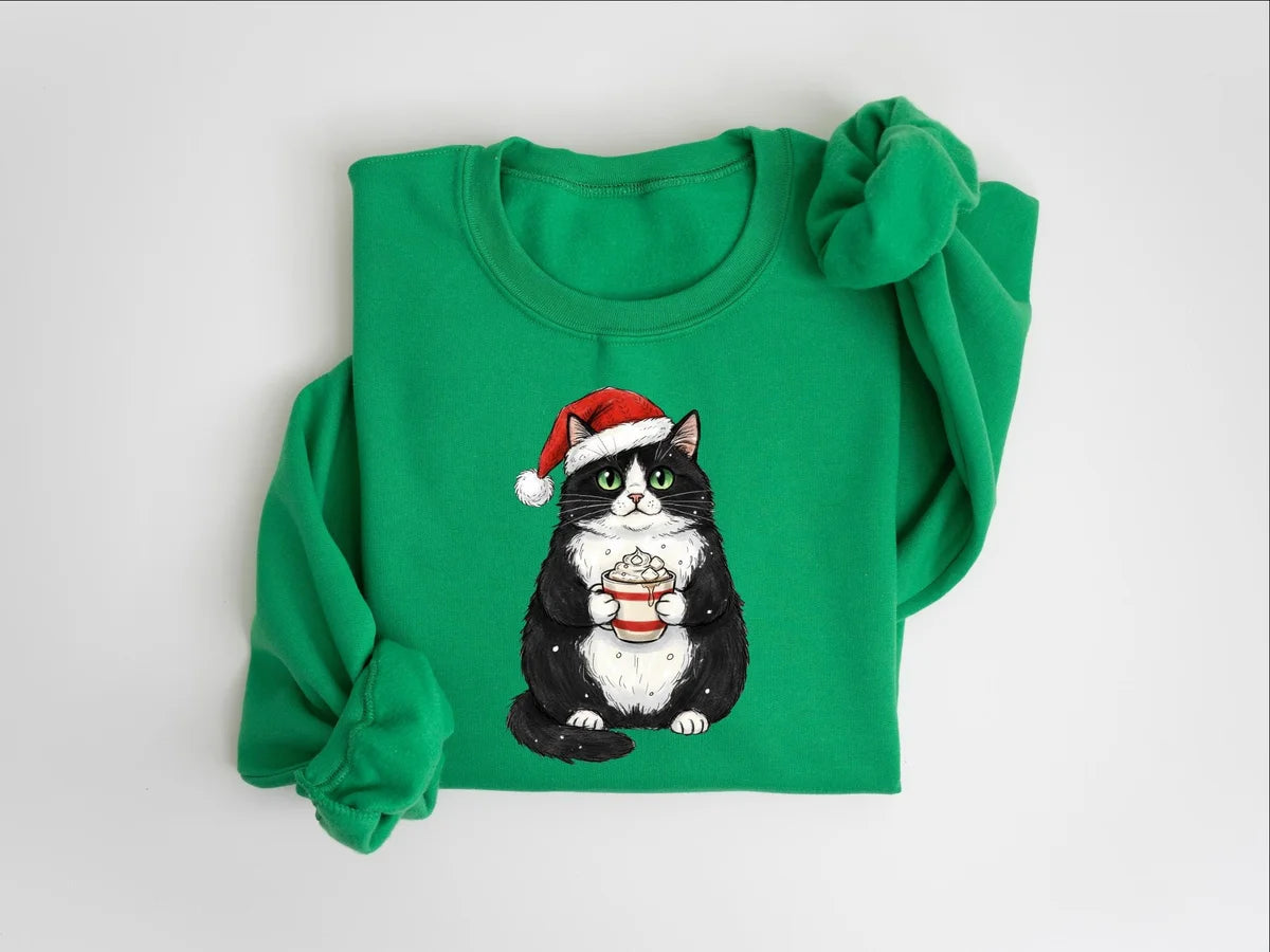 Cute Christmas Black Cat crewneck sweatshirt pictured in Irish Green.