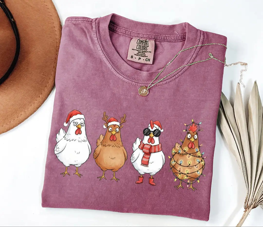 Funny Christmas Chickens in Holiday Costumes graphic Comfort Colors T-shirt, additional product photograph.