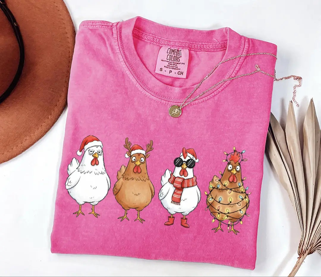 Funny Christmas Chickens in Holiday Costumes graphic Comfort Colors T-shirt, additional product photograph.