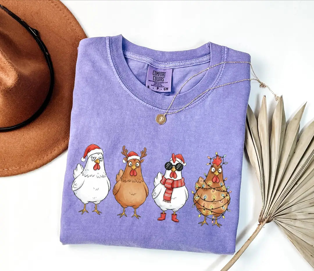 Funny Christmas Chickens in Holiday Costumes graphic Comfort Colors T-shirt, additional product photograph.