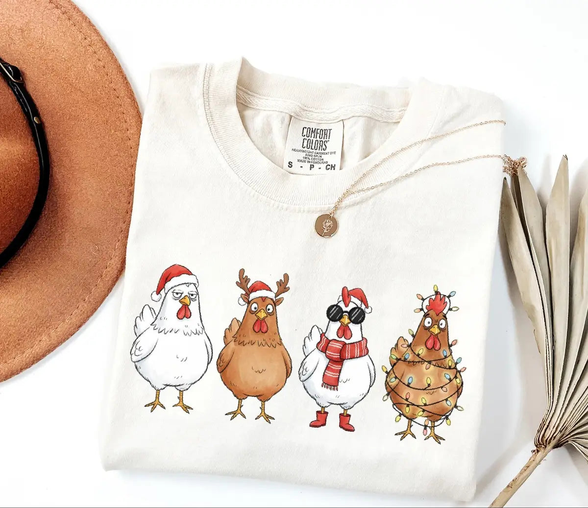 Funny Christmas Chickens in Holiday Costumes graphic Comfort Colors T-shirt, additional product photograph.