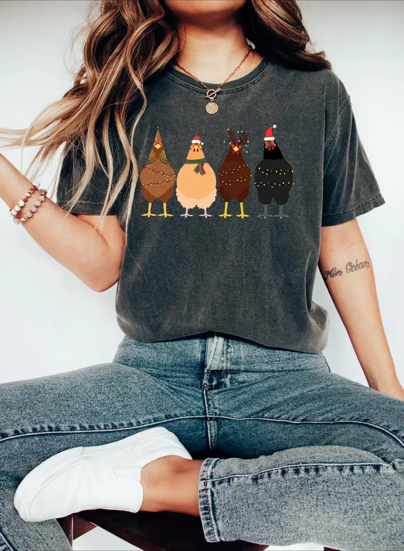 Four Christmas Chickens with String Lights graphic Comfort Colors T-shirt, additional product photograph.