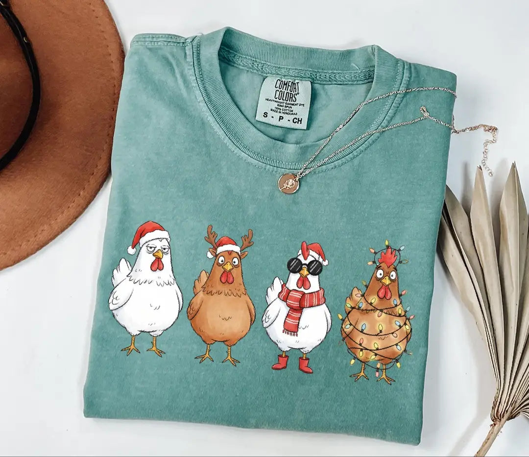Funny Christmas Chickens in Holiday Costumes graphic Comfort Colors T-shirt, additional product photograph.