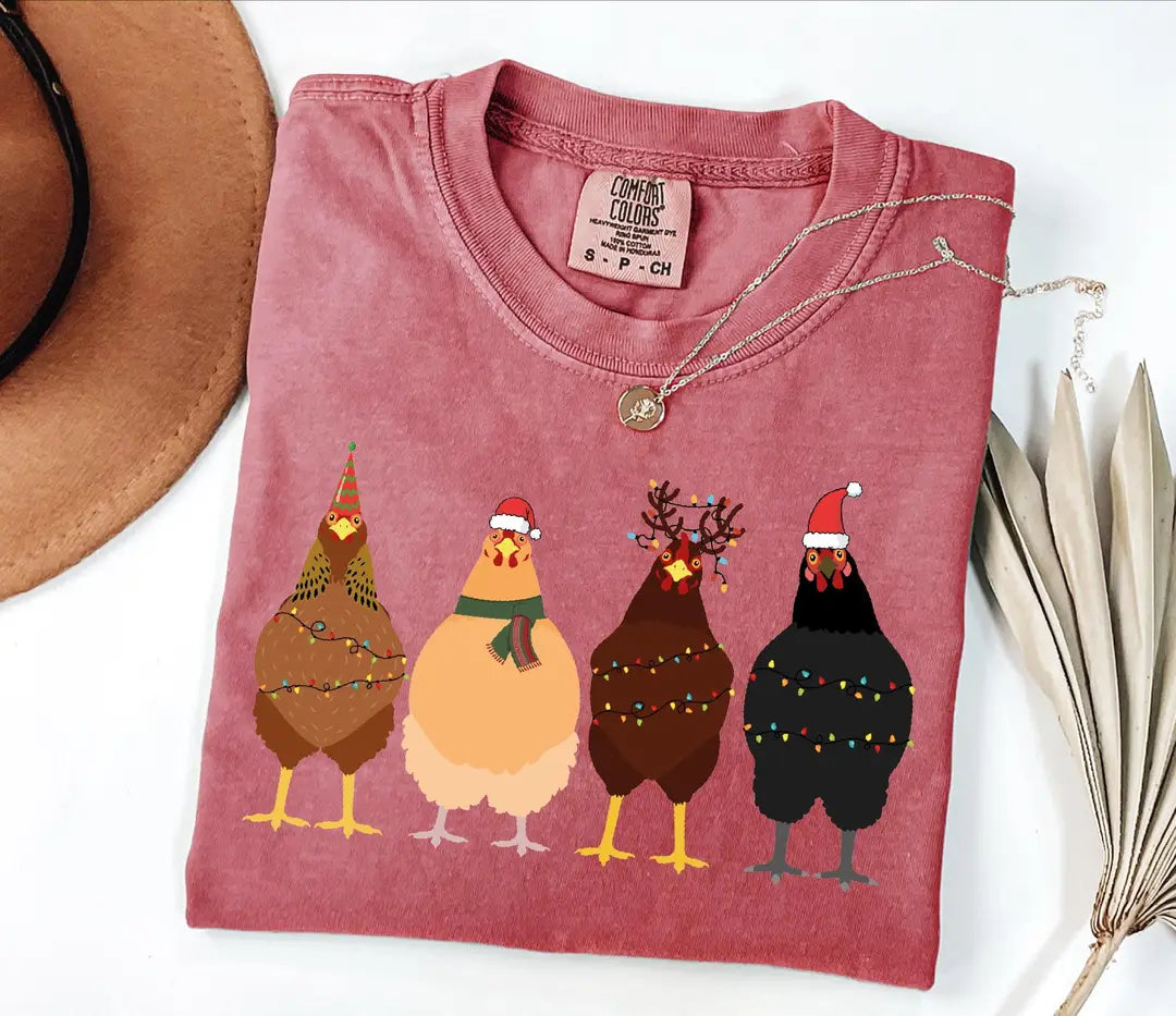 Four Christmas Chickens with String Lights graphic Comfort Colors T-shirt, additional product photograph.