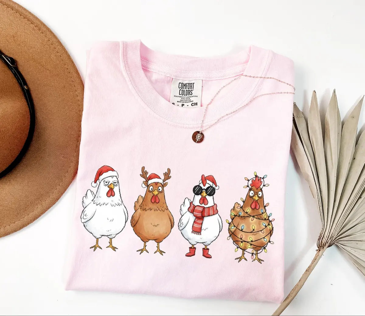 Funny Christmas Chickens in Holiday Costumes graphic Comfort Colors T-shirt, additional product photograph.