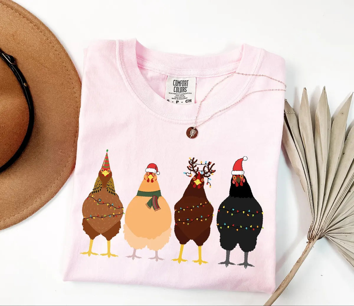 Four Christmas Chickens with String Lights graphic Comfort Colors T-shirt, additional product photograph.
