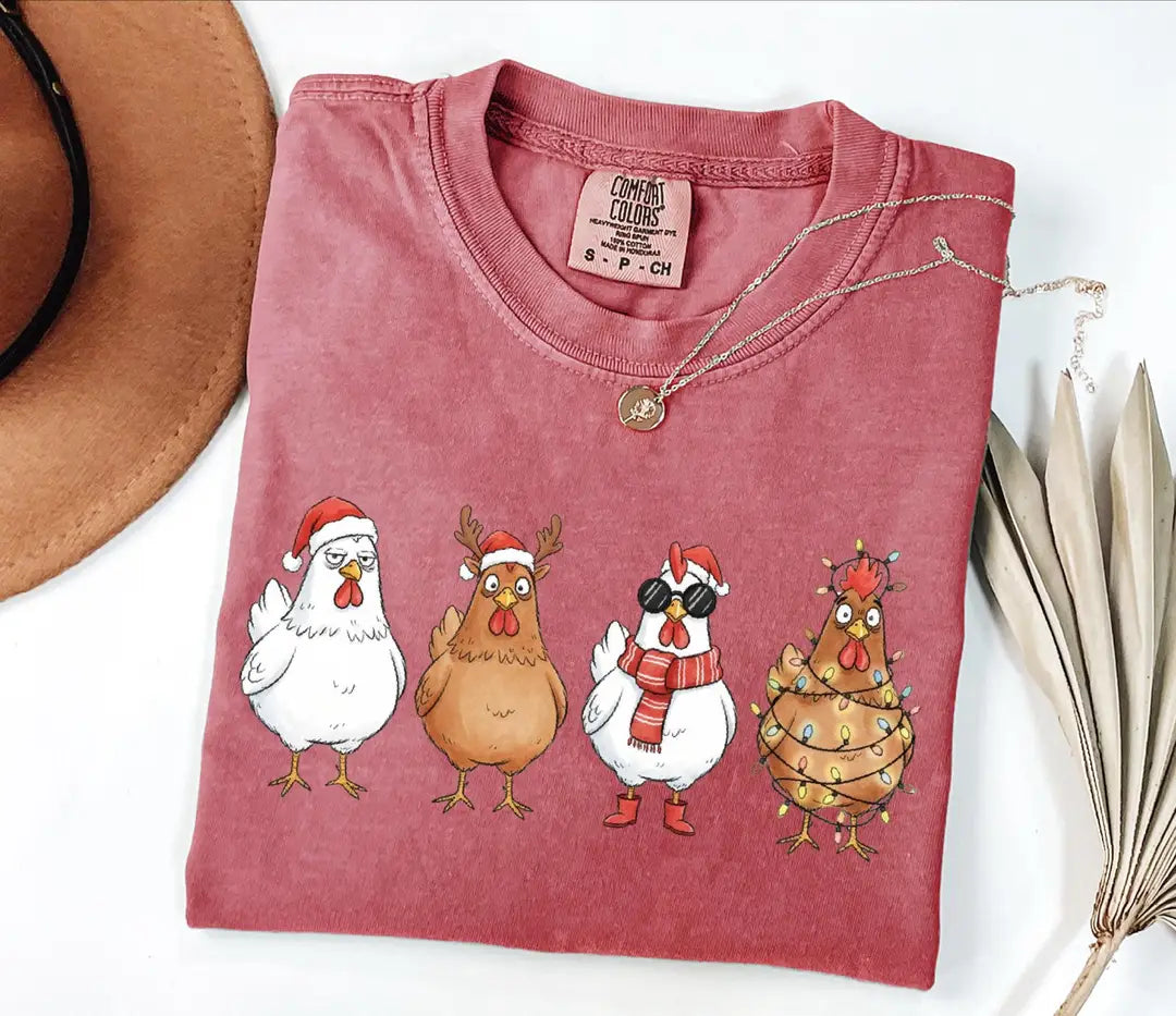 Funny Christmas Chickens in Holiday Costumes graphic Comfort Colors T-shirt, additional product photograph.