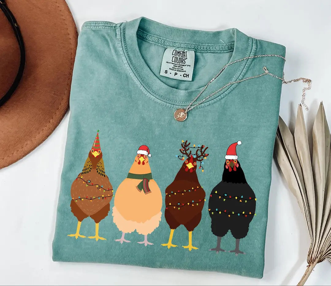 Comfort Colors T-shirt with Four Christmas Chickens with String Lights - holiday design, featured shirt mockup.