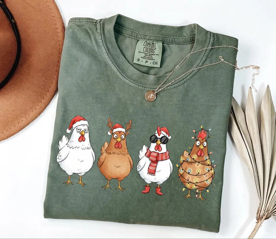 Comfort Colors T-shirt with Funny Christmas Chickens in Holiday Costumes - holiday design, featured shirt mockup.