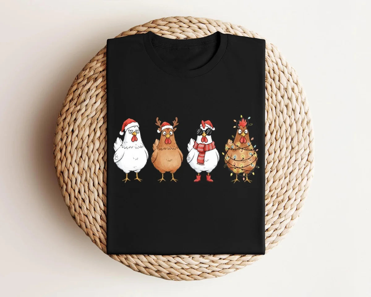 Cute Christmas Chickens : Funny Holiday Farm Crewneck Sweatshirt alternate product view in Black.