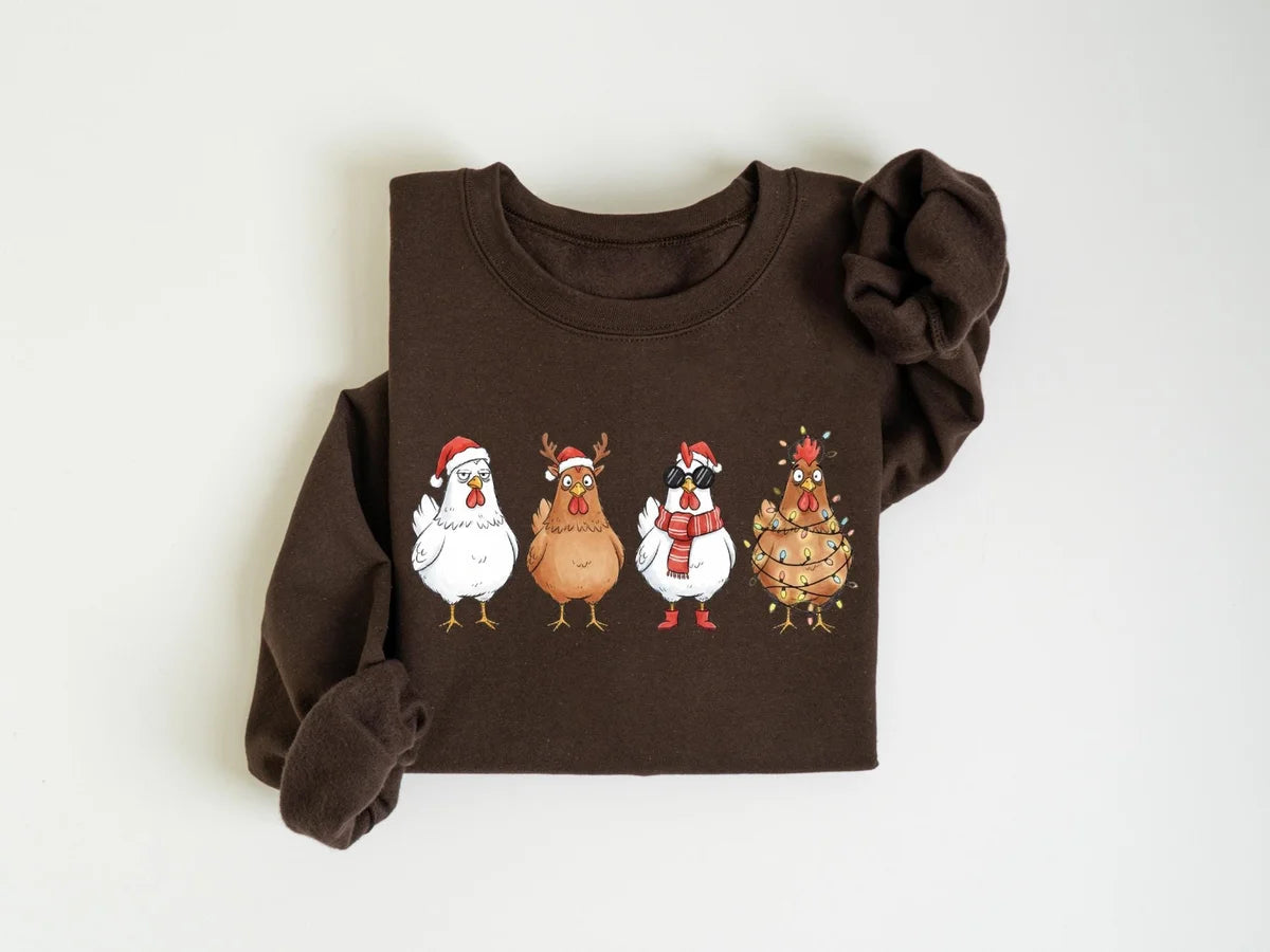 Cute Christmas Chickens : Funny Holiday Farm Crewneck Sweatshirt alternate product view.