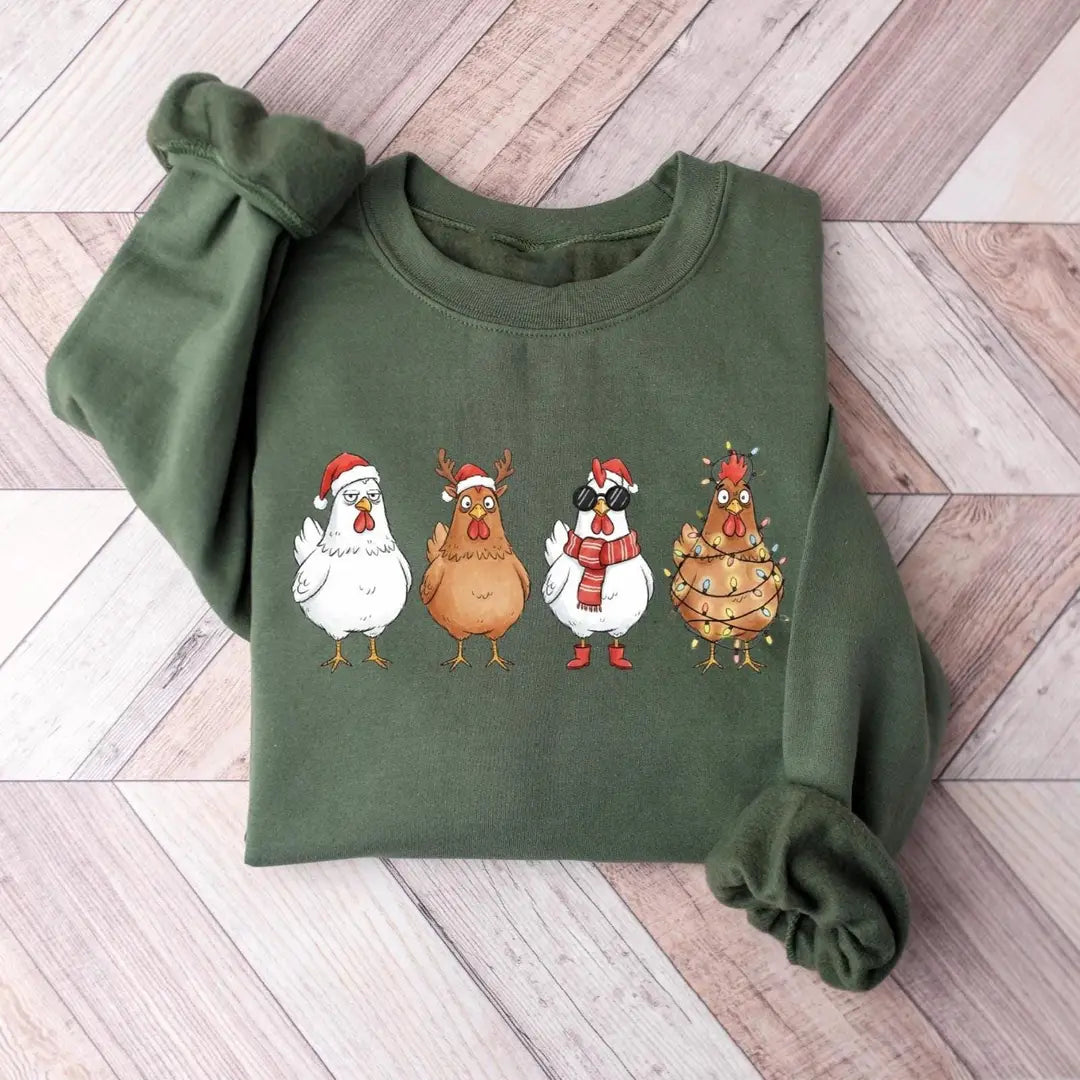 Cute Christmas Chickens : Funny Holiday Farm Crewneck Sweatshirt alternate product view.