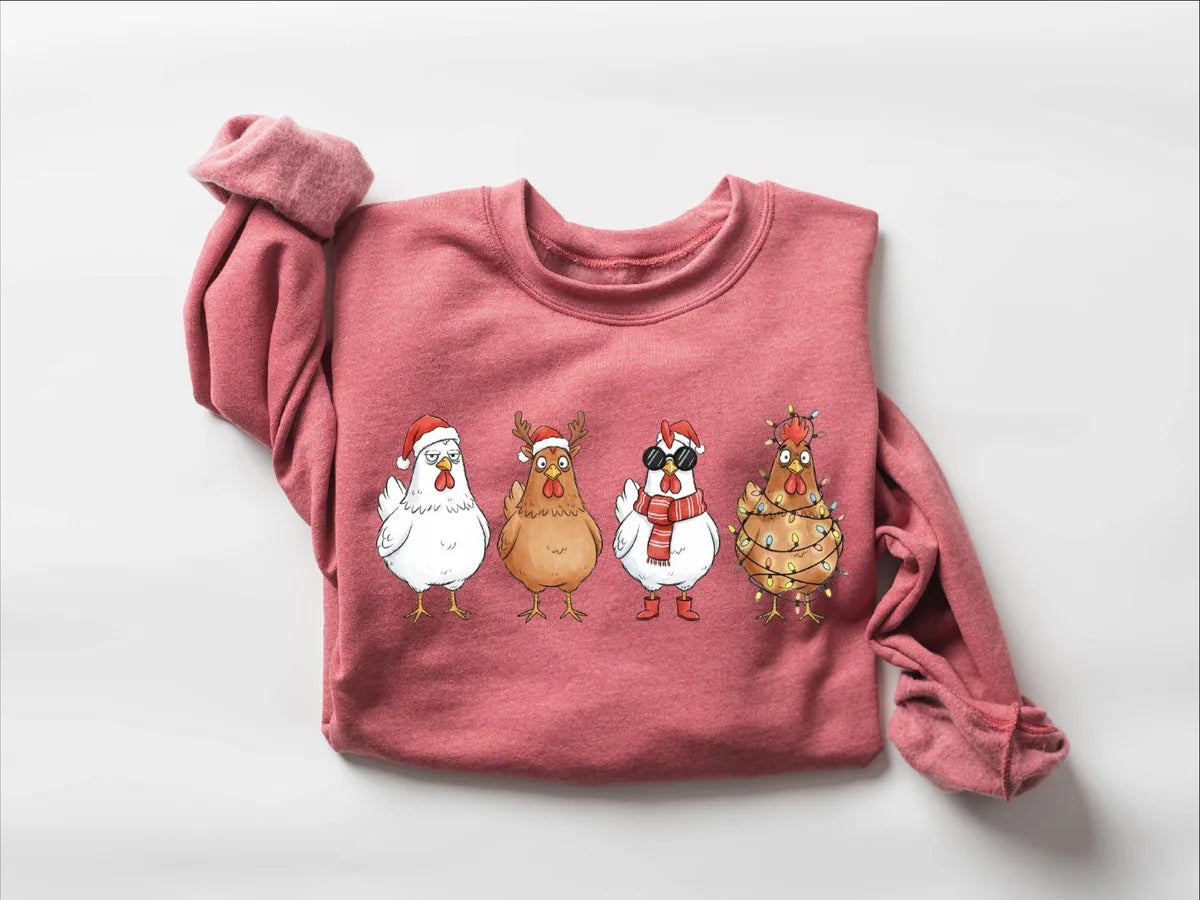 Cute Christmas Chickens : Funny Holiday Farm Crewneck Sweatshirt alternate product view in Red.