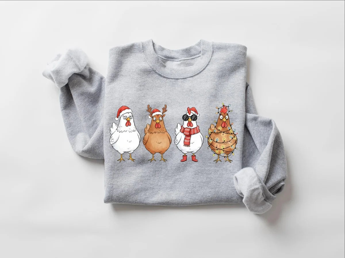 Cute Christmas Chickens : Funny Holiday Farm Crewneck Sweatshirt alternate product view.