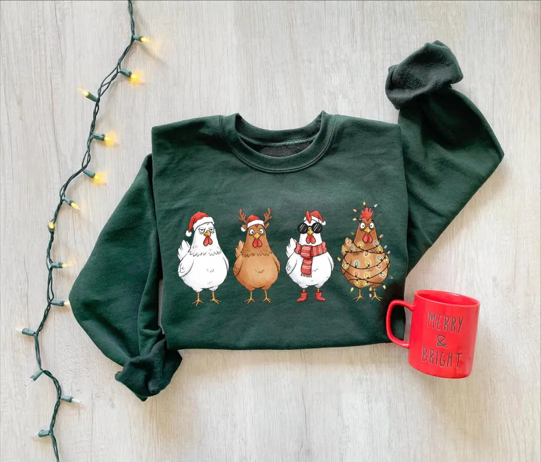 Cute Christmas Chickens : Funny Holiday Farm Crewneck Sweatshirt alternate product view in Red.