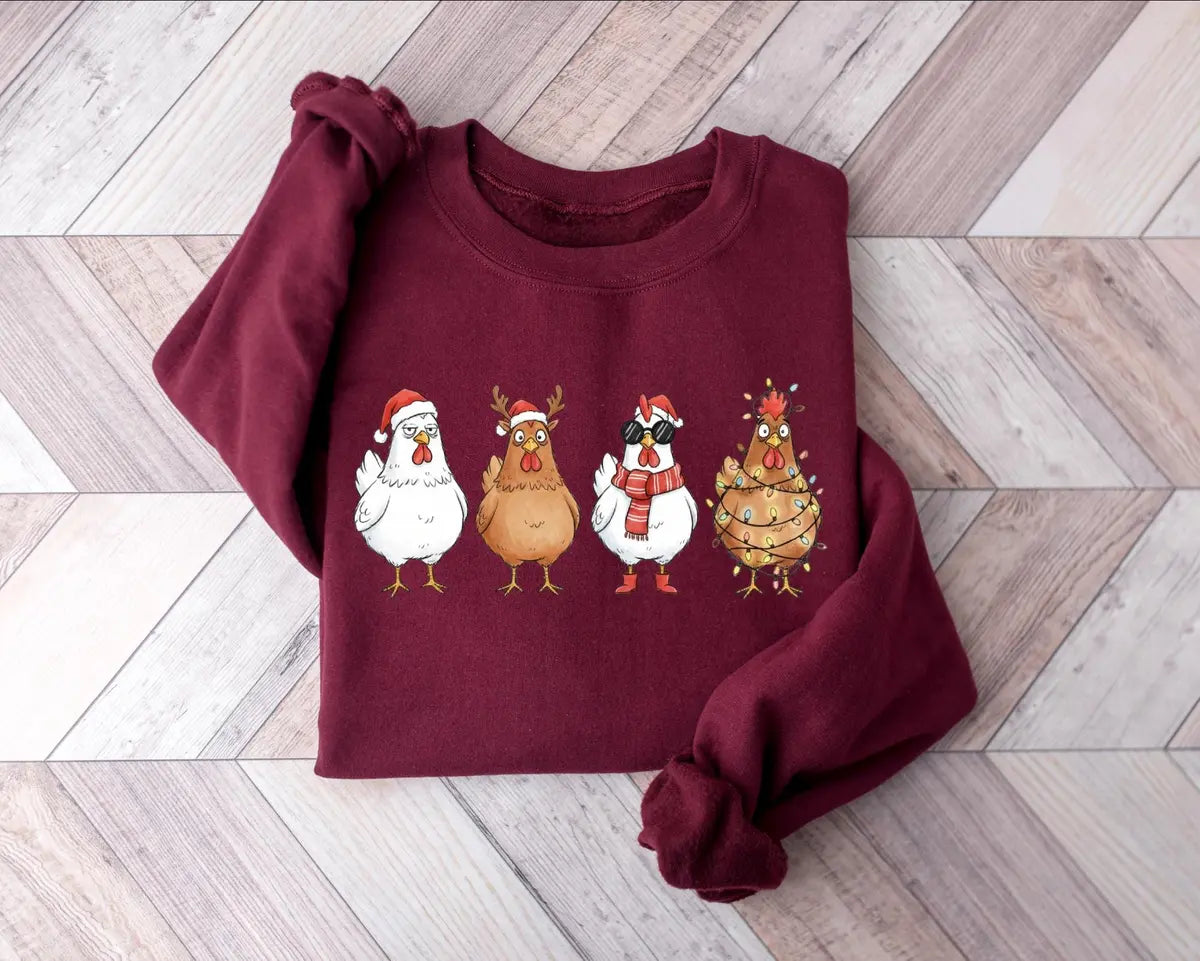Cute Christmas Chickens : Funny Holiday Farm Crewneck Sweatshirt alternate product view.