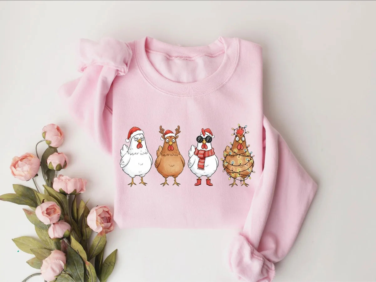 Cute Christmas Chickens : Funny Holiday Farm Crewneck Sweatshirt alternate product view in Pink.