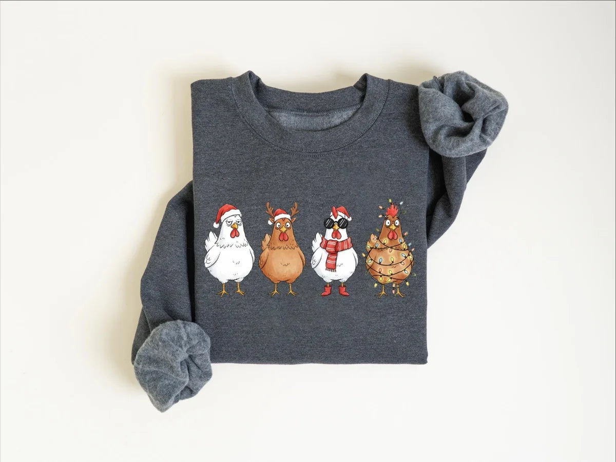 Cute Christmas Chickens : Funny Holiday Farm Crewneck Sweatshirt alternate product view.