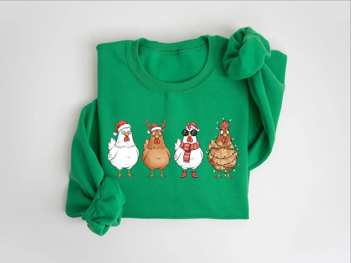 Cute Christmas Chickens : Funny Holiday Farm Crewneck Sweatshirt alternate product view.