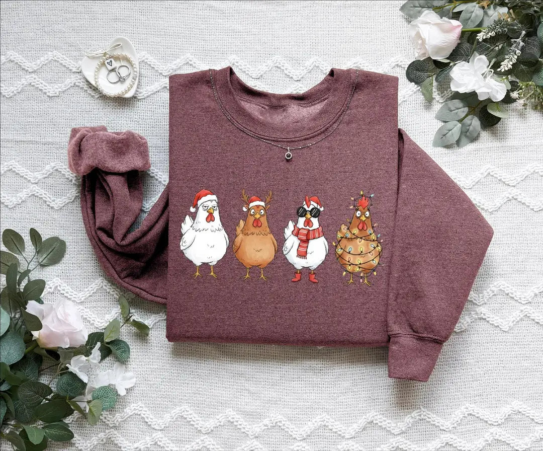 Cute Christmas Chickens : Funny Holiday Farm Crewneck Sweatshirt alternate product view in Maroon.