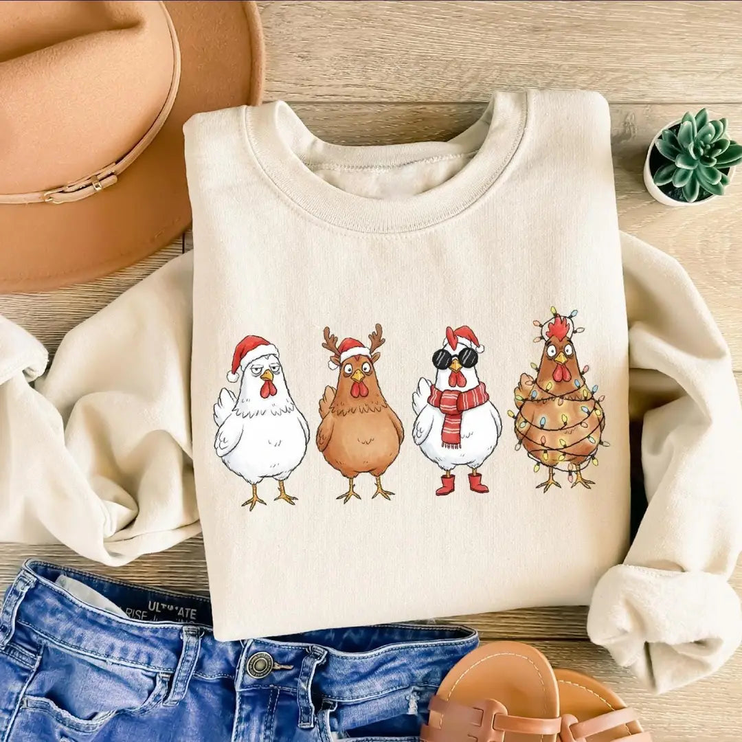 Cute Christmas Chickens : Funny Holiday Farm Crewneck Sweatshirt hero view.