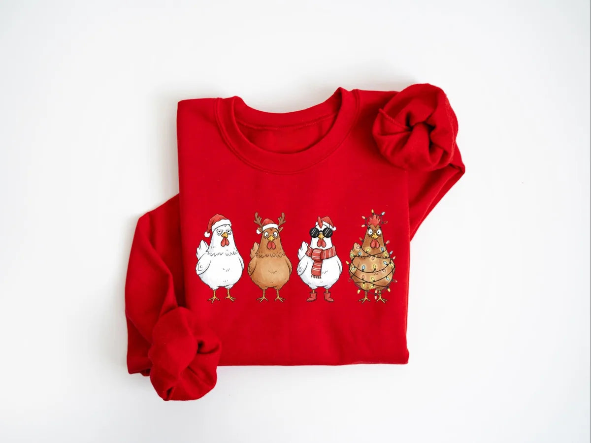 Cute Christmas Chickens crewneck sweatshirt in Red with four festive hens.
