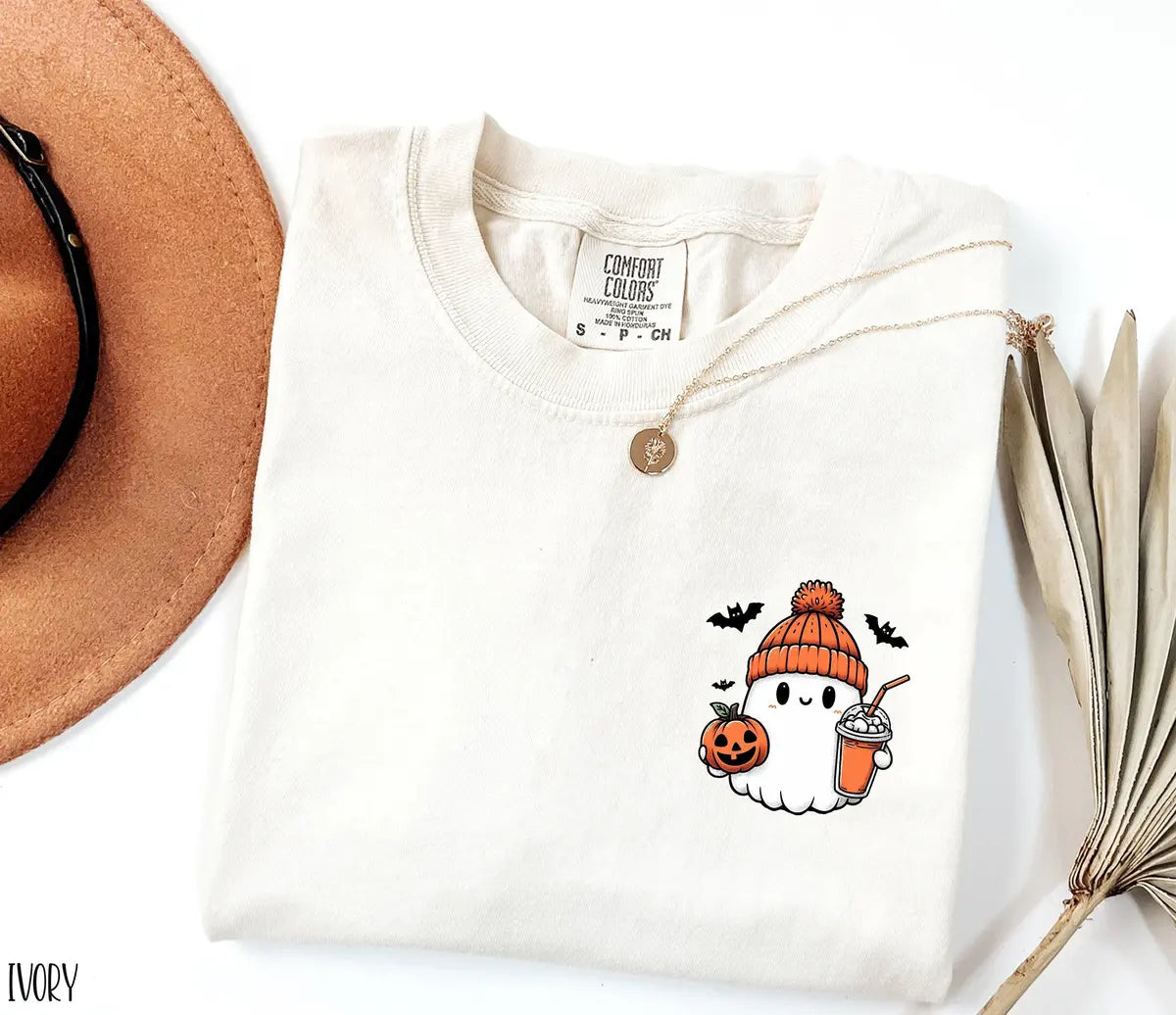 Cute Ghost Halloween graphic Comfort Colors T-shirt, additional product photograph.